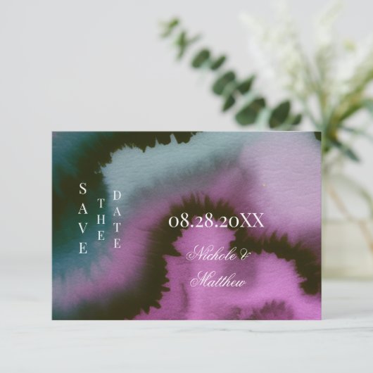 Treurig Paars & Turquoise Abstract Trouwen Save The Date (Staand voorkant)