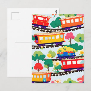 Treurige treinen en bomen patroon blauw briefkaart