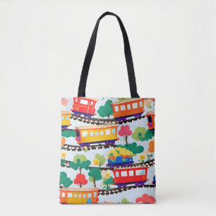 Treurige treinen en bomen patroon blauw tote bag