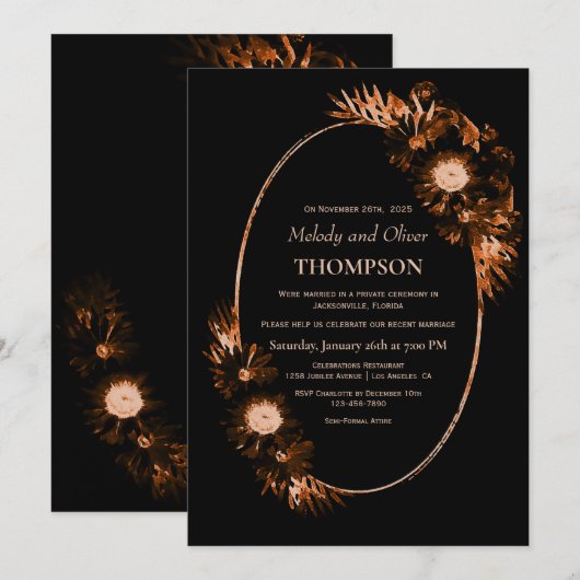 Treurige zwarte verbrande oranje bloemige trouwdag kaart (Voorkant / Achterkant)