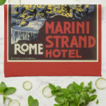 Trevi-fontein, Marini Strand Hotel, Rome Theedoek<br><div class="desc">illustratie Europese reisposterkunst met de Trevi-fontein en het Marini Strand Hotel, Roma, Rome, Italië met klassieke Italiaanse bouwkunst en marmeren beelden van mannen. De Trevi-fontein is de grootste barokke fontein in Rome en de legende houdt in dat als bezoekers een munt in de fontein gooien, ze verzekerd zijn van een...</div>