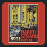 Trevi-fontein, Marini Strand Hotel, Rome Vierkante Sticker<br><div class="desc">illustratie Europese reisposterkunst met de Trevi-fontein en het Marini Strand Hotel, Roma, Rome, Italië met klassieke Italiaanse bouwkunst en marmeren beelden van mannen. De Trevi-fontein is de grootste barokke fontein in Rome en de legende houdt in dat als bezoekers een munt in de fontein gooien, ze verzekerd zijn van een...</div>