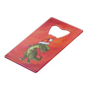 TRex Dino in Santa Hat op rood Creditkaart Flessenopener (Voorkant Gekanteld)