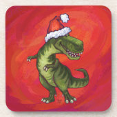 TRex Dino in Santa Hat op rood Drankjes Onderzetter (Voorkant)