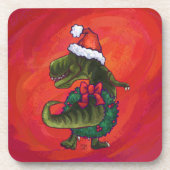 TRex Dino in Santa Hat op rood Drankjes Onderzetter (Voorkant)