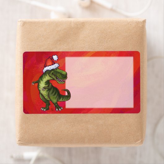 TRex Dino in Santa Hat op rood Etiket (Insitu)