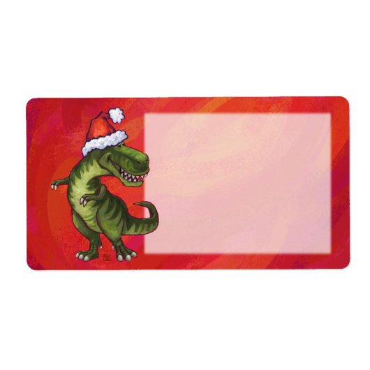 TRex Dino in Santa Hat op rood Etiket (Voorkant)