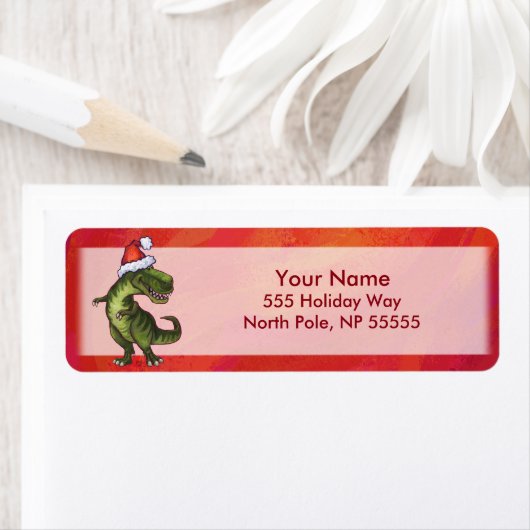 TRex Dino in Santa Hat op rood Etiket (Insitu)