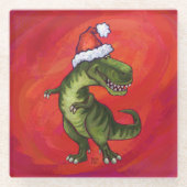 TRex Dino in Santa Hat op rood Glazen Onderzetter (Voorkant)