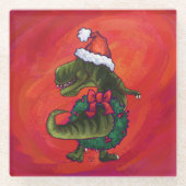 TRex Dino in Santa Hat op rood Glazen Onderzetter (Voorkant)