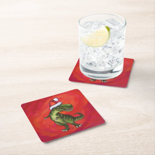 TRex Dino in Santa Hat op rood Kartonnen Onderzetters (Insitu)