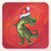 TRex Dino in Santa Hat op rood Kartonnen Onderzetters (Voorkant)