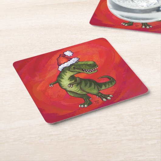 TRex Dino in Santa Hat op rood Kartonnen Onderzetters (Schuin)