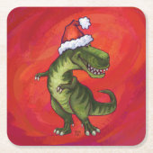 TRex Dino in Santa Hat op rood Kartonnen Onderzetters (Voorkant)