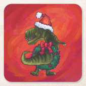 TRex Dino in Santa Hat op rood Kartonnen Onderzetters (Voorkant)