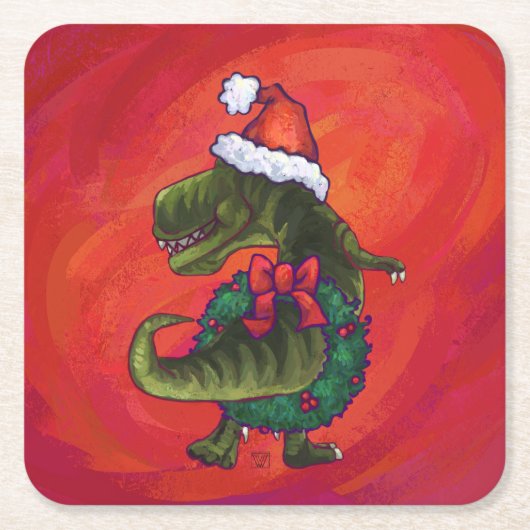 TRex Dino in Santa Hat op rood Kartonnen Onderzetters (Voorkant)