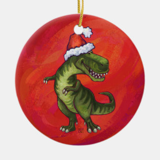TRex Dino in Santa Hat op rood Keramisch Ornament