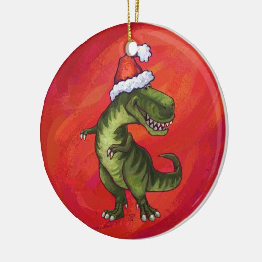 TRex Dino in Santa Hat op rood Keramisch Ornament (Links)