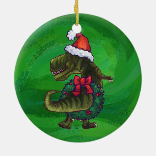 TRex Dino in Santa Hat op rood Keramisch Ornament (Achterkant)