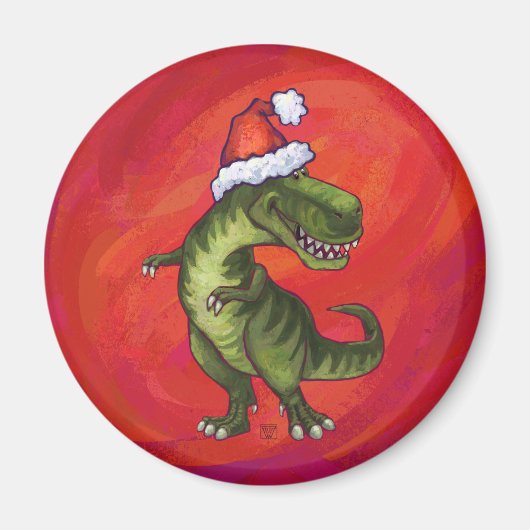TRex Dino in Santa Hat op rood Magneet (Voorkant)