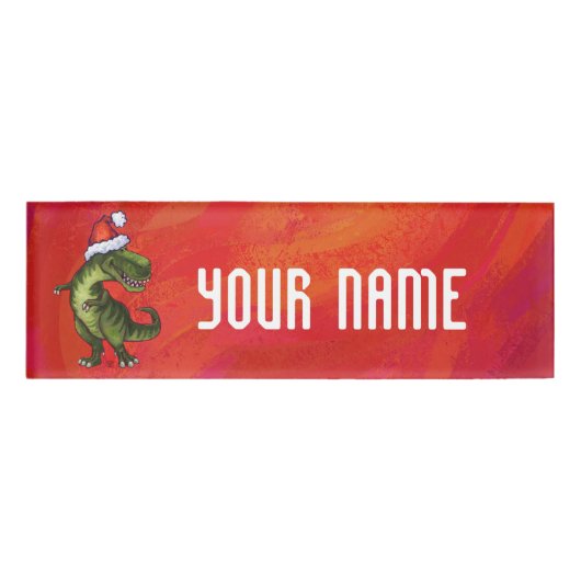 TRex Dino in Santa Hat op rood Naambadge (Voorkant)