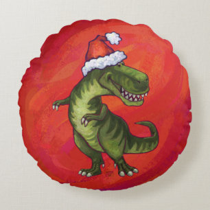 TRex Dino in Santa Hat op rood Rond Kussen