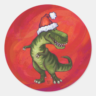 TRex Dino in Santa Hat op rood Ronde Sticker