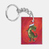TRex Dino in Santa Hat op rood Sleutelhanger (Voorkant Links)