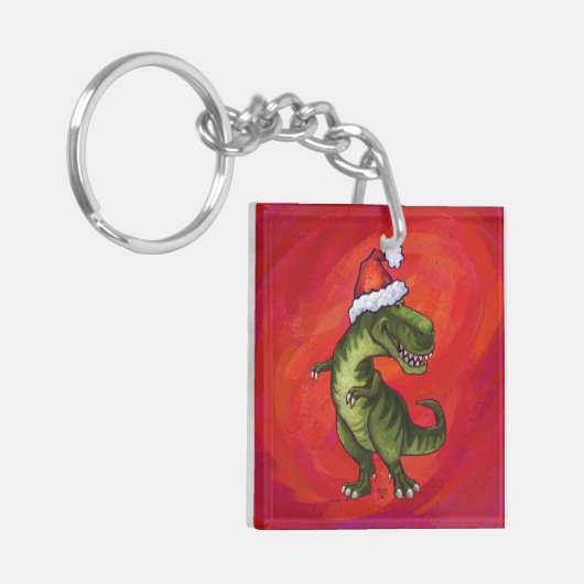TRex Dino in Santa Hat op rood Sleutelhanger (Voorkant Links)