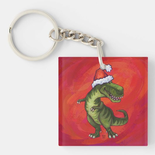 TRex Dino in Santa Hat op rood Sleutelhanger (Voorkant)