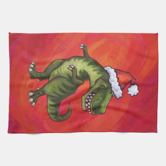 TRex Dino in Santa Hat op rood Theedoek (Horizontaal)