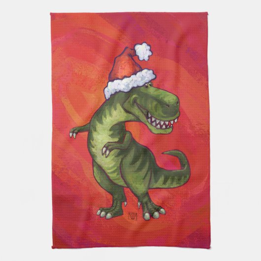 TRex Dino in Santa Hat op rood Theedoek (Verticaal)