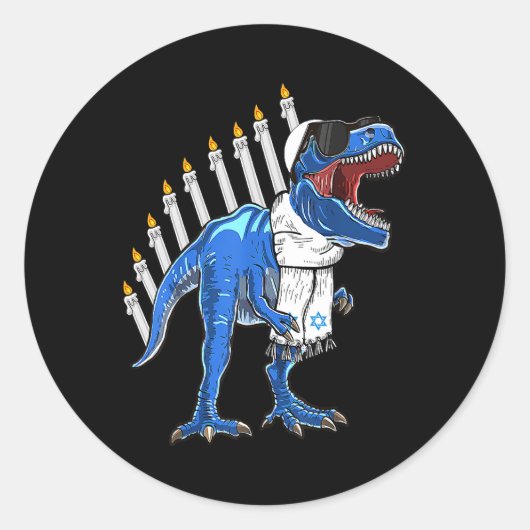 Trex Dinosaur Menorah Hanukkah Chanokah Jewish Boy Ronde Sticker (Voorkant)