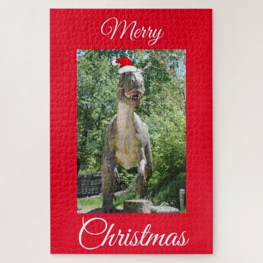 TREX Dinosaur met Pet van de kerstman Legpuzzel (Verticaal)
