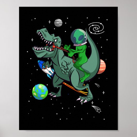 TRex Dinosaurus In De Buitenruimte Astronaut Alien Poster (Voorkant)