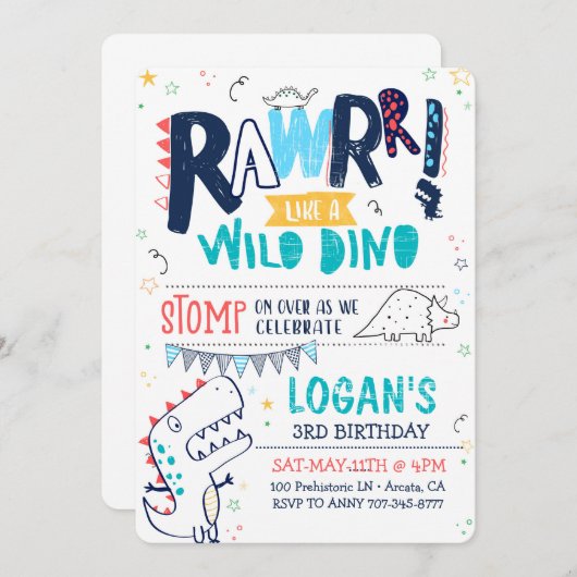 TREX Dinosaurus Verjaardag Uitnodiging Roar Wild D (Voorkant / Achterkant)