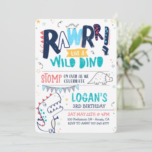 TREX Dinosaurus Verjaardag Uitnodiging Roar Wild D (Staand voorkant)