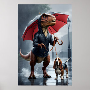 Trex holding paraplu wandelende bassethond poster