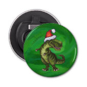 TRex in Santa Hat op groen Button Flesopener (Voorkant)