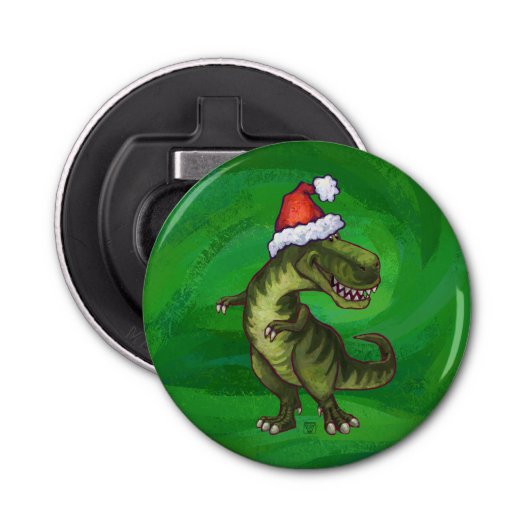 TRex in Santa Hat op groen Button Flesopener (Voorkant)