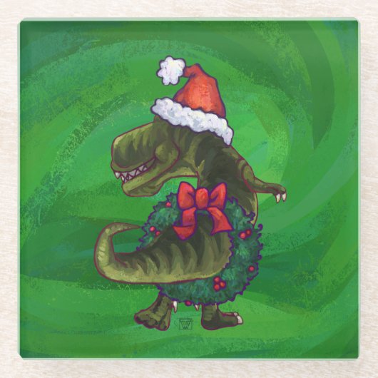 TRex in Santa Hat op groen Glazen Onderzetter (Voorkant)
