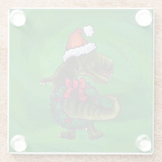 TRex in Santa Hat op groen Glazen Onderzetter (Achterkant)