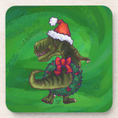TRex in Santa Hat op groen Onderzetter (Voorkant)