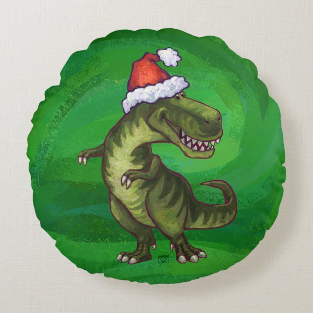 TRex in Santa Hat op groen Rond Kussen (Voorkant)