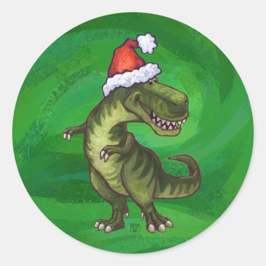 TRex in Santa Hat op groen Ronde Sticker (Voorkant)