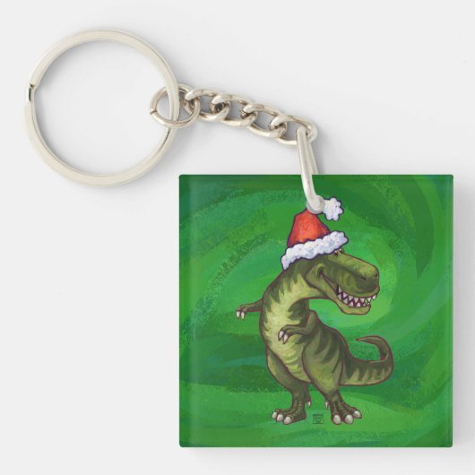 TRex in Santa Hat op groen Sleutelhanger (Voorkant)