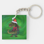 TRex in Santa Hat op groen Sleutelhanger (Achterkant)