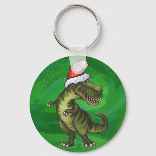 TRex in Santa Hat op groen Sleutelhanger (Voorkant)