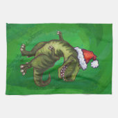 TRex in Santa Hat op groen Theedoek (Horizontaal)