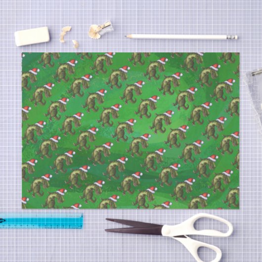 TRex in Santa Hat op groen Tissuepapier (Craft)